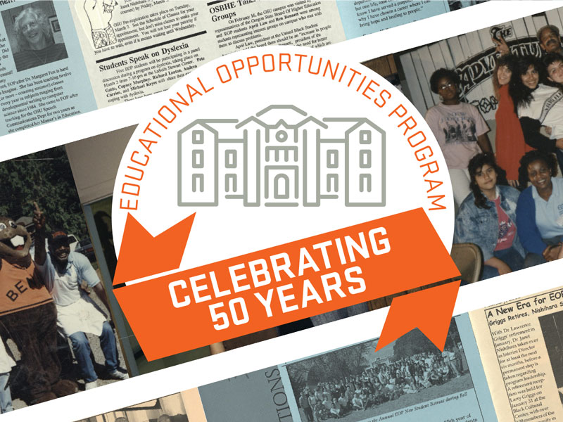 EOP Celebrating 50 Years logo with newspaper clippings in the background