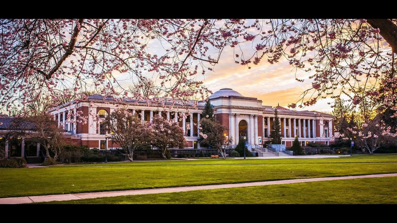 front of memorial union at sunset